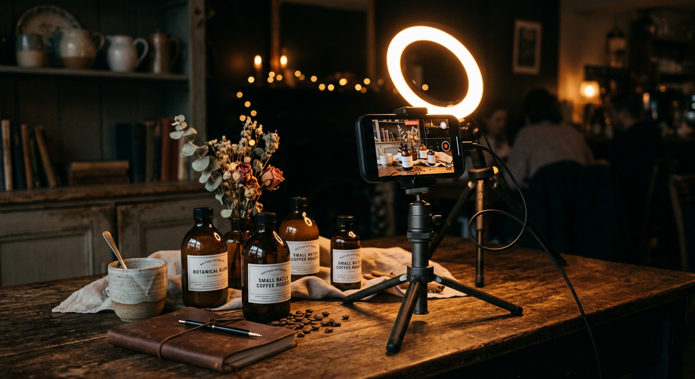 A smartphone on a tripod with a ring light filming a styled product flat lay